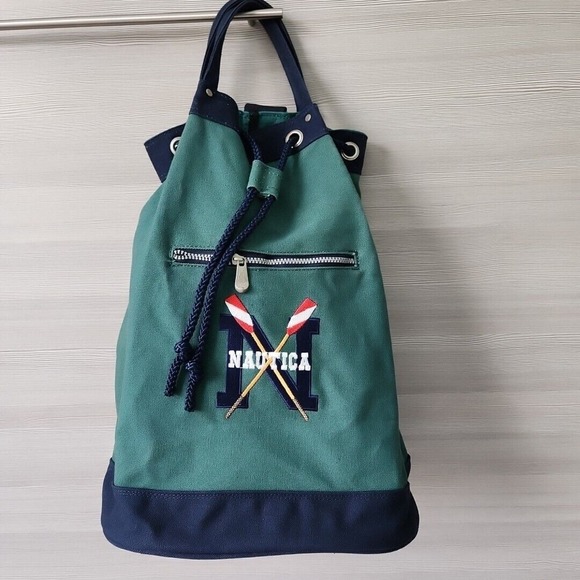 Vintage NAUTICA Green Blue Heavy Canvas Draw Pull String Sailor Seaman Sling Bag - Picture 1 of 13